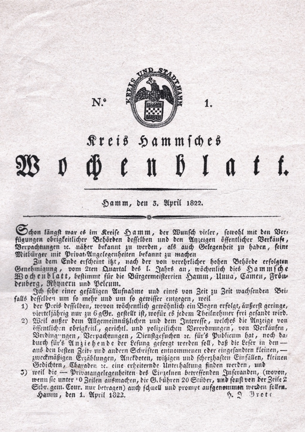 Titelseite der ersten ausgabe des Kreis Hammschen Wochenblattes, 1822