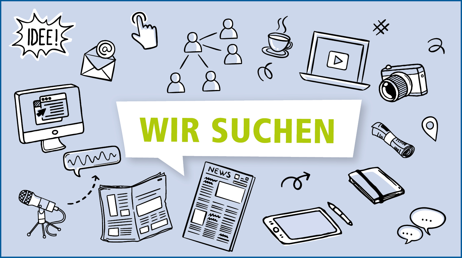 WA_Crossmedia_Redakteur-m-w-d Schwarz weisse Icons aus dem Aufgabenbereich eines Redakteurs m/w/d